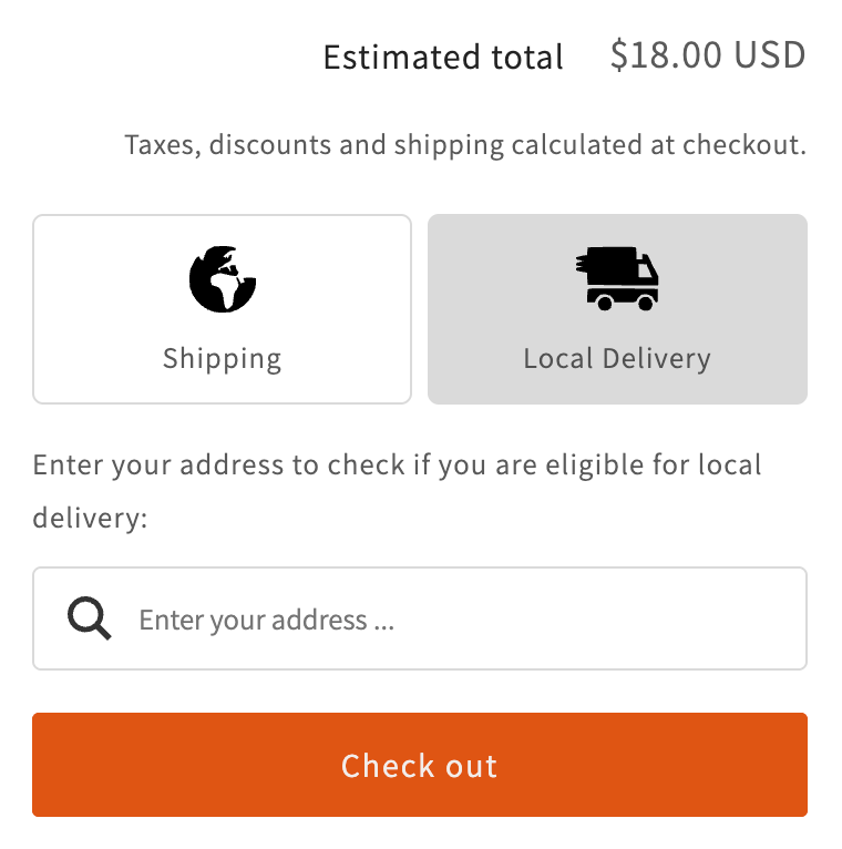 E-commerce checkout page with shipping and local delivery options, address input field, and check out button.