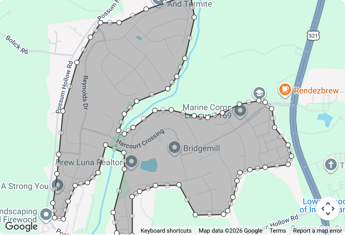 A Google Maps-style street and boundary map of the neighborhood Bridgemill. This is our delivery zone.